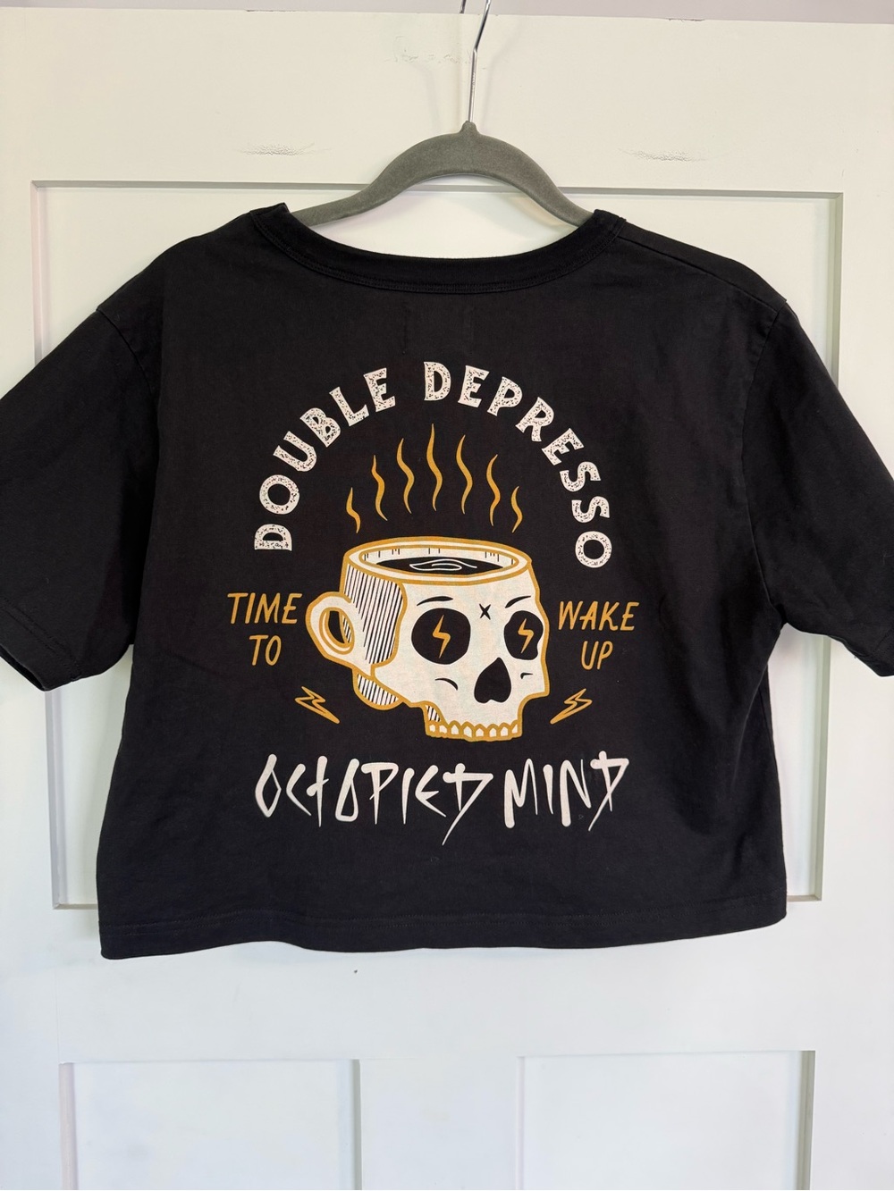 Black Graphic Crop Top with Yellow Skull Coffee Design